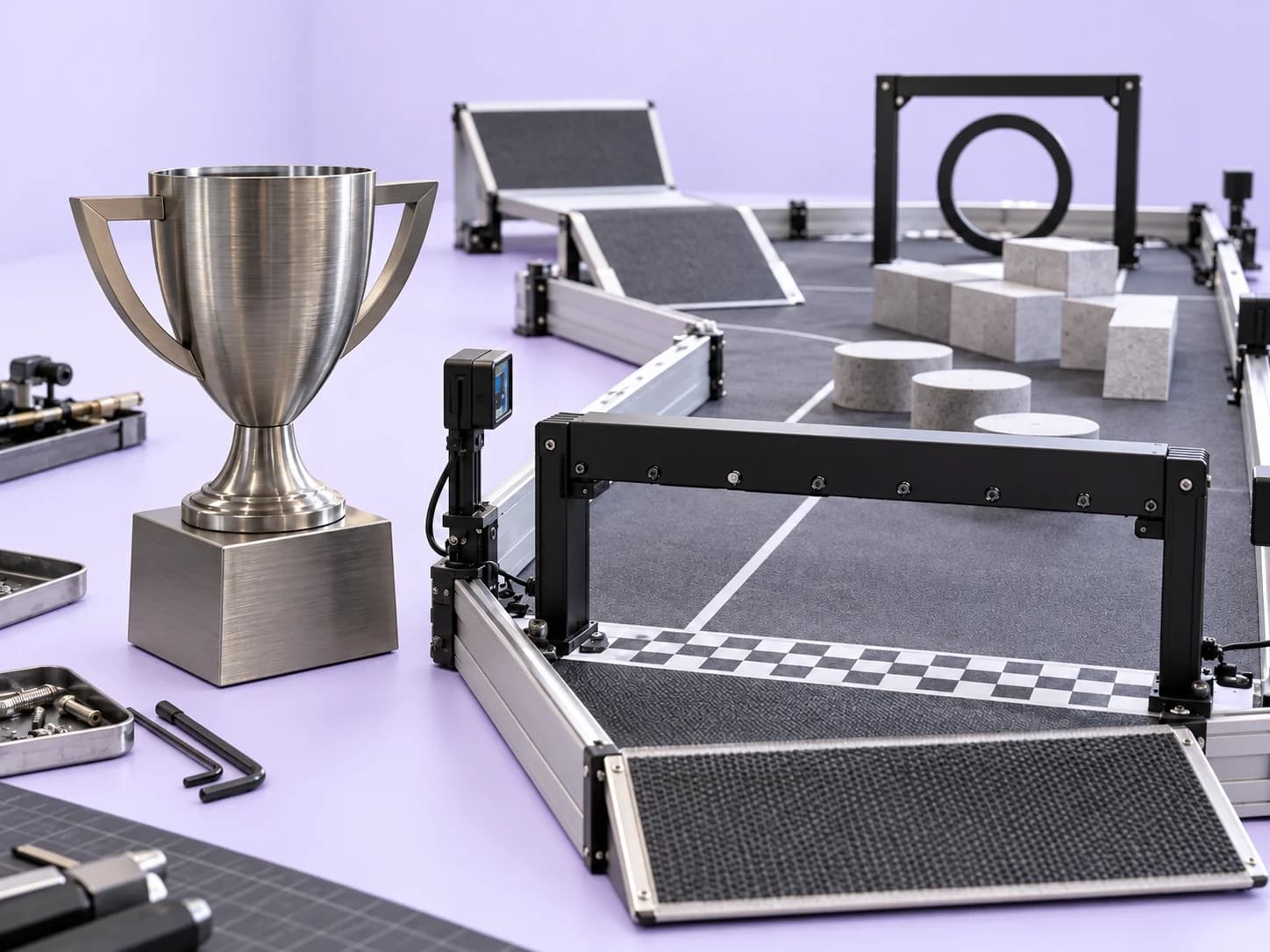 Illustrative competition trophy and miniature obstacle course