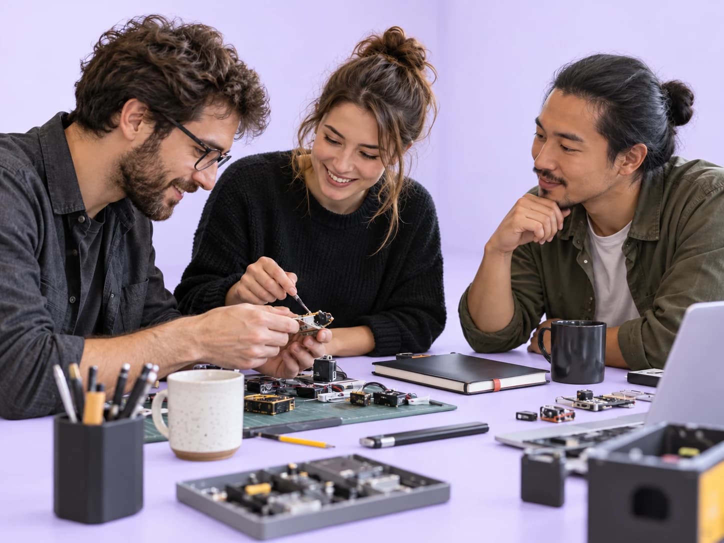 Illustrative maker meetup in a pale lavender engineering studio